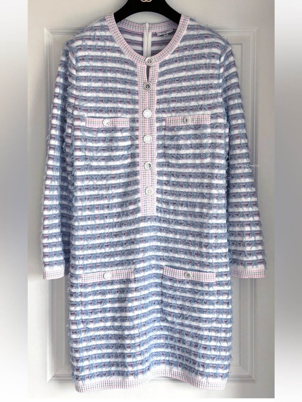 CHANEL 19C LA PAUSA BLUE WHITE PINK GOLD MINI DRESS 42